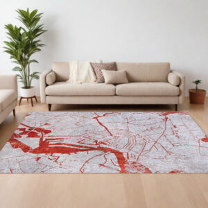 8' X 11' Red and White Abstract Non Skid Area Rug