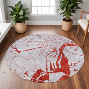8' Red and White Round Abstract Non Skid Area Rug