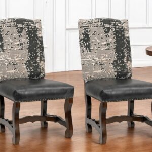 Set of Two Black Gray And Dark Brown Solid Wood Upholstered Chenille And Leather Dining Side Chairs