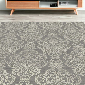 5' X 8' Gray and Beige Damask Area Rug