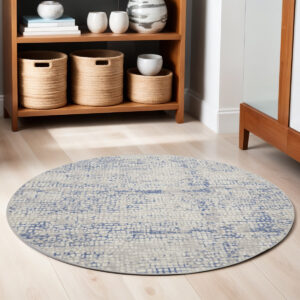 8' Ivory Blue and Gray Abstract Round Rug