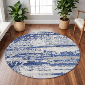 8' Ivory and Navy Blue Abstract Round Rug