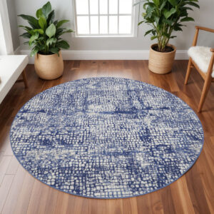 8' Ivory and Navy Blue Abstract Round Rug