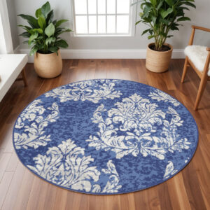 8' Navy Blue and Ivory Damask Distressed Round Rug