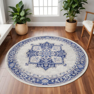 8' Ivory and Blue Floral Round Rug