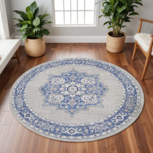 8' Ivory Blue and Gray Floral Round Rug