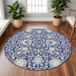 8' Navy Blue Ivory and Beige Floral Round Rug