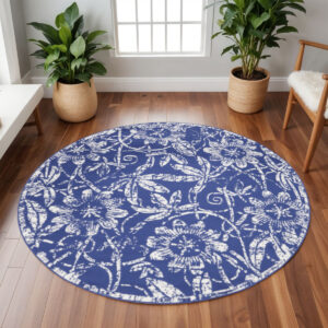 8' Ivory and Navy Blue Floral Distressed Round Rug