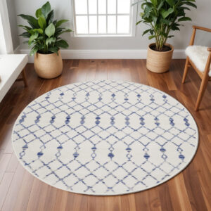 8' Ivory and Blue Geometric Round Rug