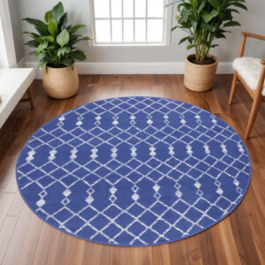 8' Navy Blue and Ivory Geometric Round Rug