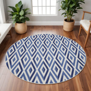 8' Ivory and Blue Geometric Round Rug