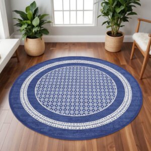 8' Ivory and Navy Blue Geometric Distressed Round Rug