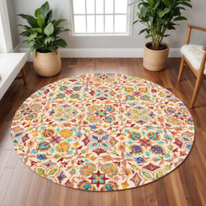 8' Ivory Red And Orange Wool Floral Hand Tufted Round Rug