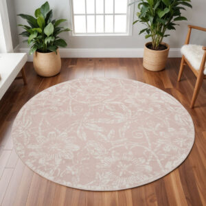 8' Pink and Ivory Floral Distressed Round Rug