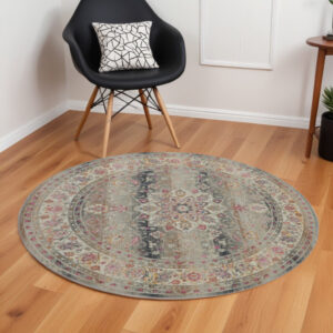6' Ivory Brown And Gray Floral Distressed Round Rug