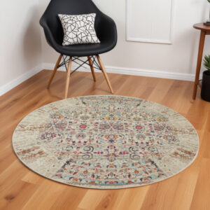 6' Ivory And Brown Floral Distressed Round Rug