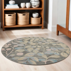 5' Beige Gray And Blue Botanical Leaves Round Rug