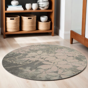 5' Gray And Pink Floral Round Rug