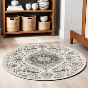 5' Ivory Black and Gray Floral Medallion Non Skid Round Rug