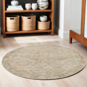 5' Beige And Gray Geometric Distressed Round Rug