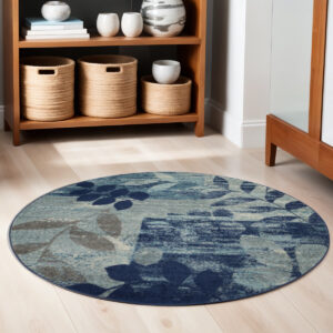 5' Navy Blue Light Blue and Gray Botanical Leaves Round Rug