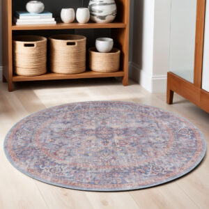 5' Blue and Purple Round Floral Power Loom Distressed Area Rug