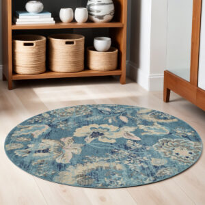 5' Turquoise Cream and Navy Blue Floral Distressed Round Rug