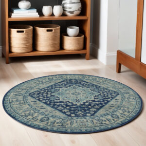 5' Ivory And Navy Blue Floral Medallion Distressed Round Rug
