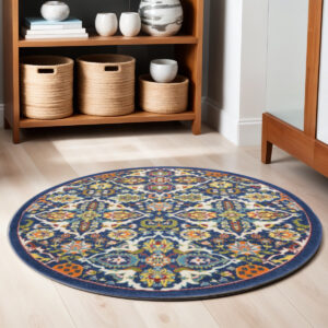 5' Blue Round Floral Power Loom Area Rug