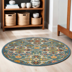 5' Teal and Ivory Round Floral Power Loom Area Rug