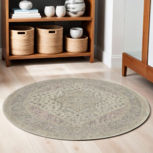 5' Ivory Pink And Gray Floral Medallion Distressed Round Rug