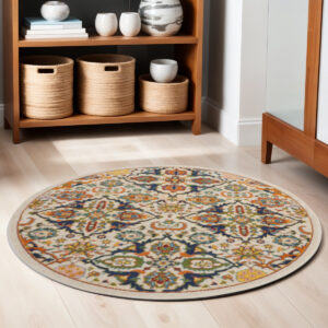 5' Ivory and Blue Round Floral Power Loom Area Rug