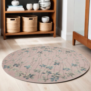 5' Pink Gray and Blue Botanical Leaves Round Rug