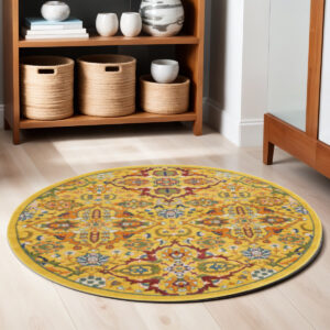 5' Yellow Round Floral Power Loom Area Rug