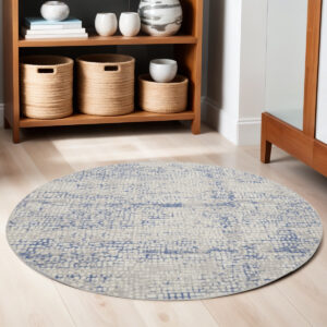 5' Ivory Blue and Gray Abstract Round Rug