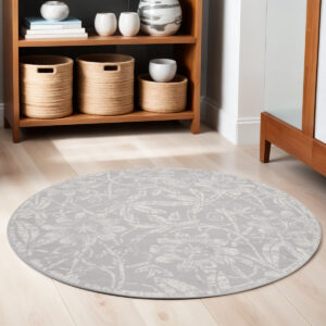 5' Gray and Ivory Floral Distressed Round Rug