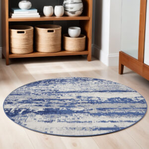 5' Ivory and Navy Blue Abstract Round Rug