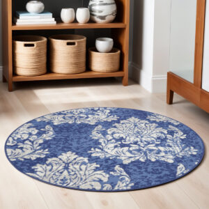 5' Navy Blue and Ivory Damask Distressed Round Rug