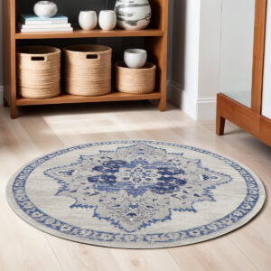 5' Ivory and Blue Floral Medallion Round Rug
