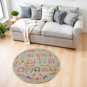 4' Ivory Pink And Orange Floral Distressed Round Rug