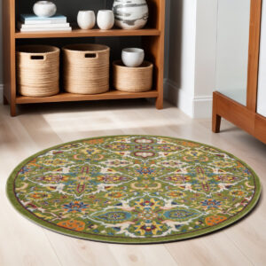 4' Green Yellow Blue and Red Round Floral Power Loom Area Rug