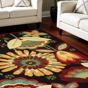 8' X 11' Black and Orange Floral Hand Carved Handmade Area Rug