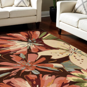 8' X 11' Tan and Dark Brown Botanical Leaves Hand Carved Handmade Area Rug