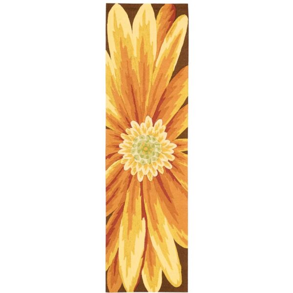 8' Brown Orange and Yellow Botanical Leaves Hand Carved Handmade Runner Rug