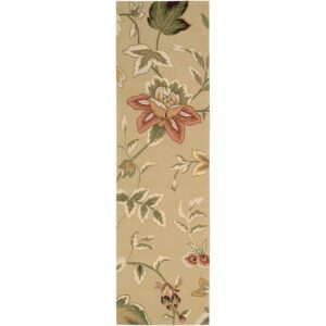 8' Beige and Red Botanical Leaves Hand Carved Handmade Runner Rug
