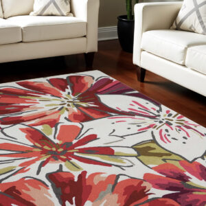 5' X 8' Ivory Green and Red Floral Hand Carved Handmade Area Rug