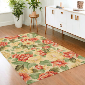 4' X 6' Red and Cream Floral Hand Carved Handmade Area Rug