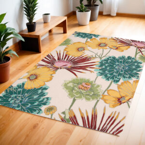 4' X 6' Ivory Red and Orange Floral Hand Carved Handmade Area Rug