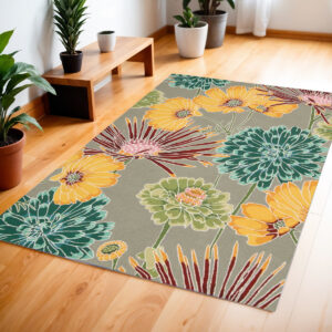 4' X 6' Gray Red and Yellow Floral Hand Carved Handmade Area Rug