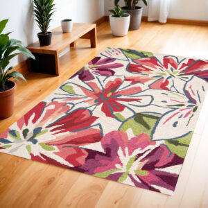 4' X 6' Ivory Green and Red Floral Hand Carved Handmade Area Rug